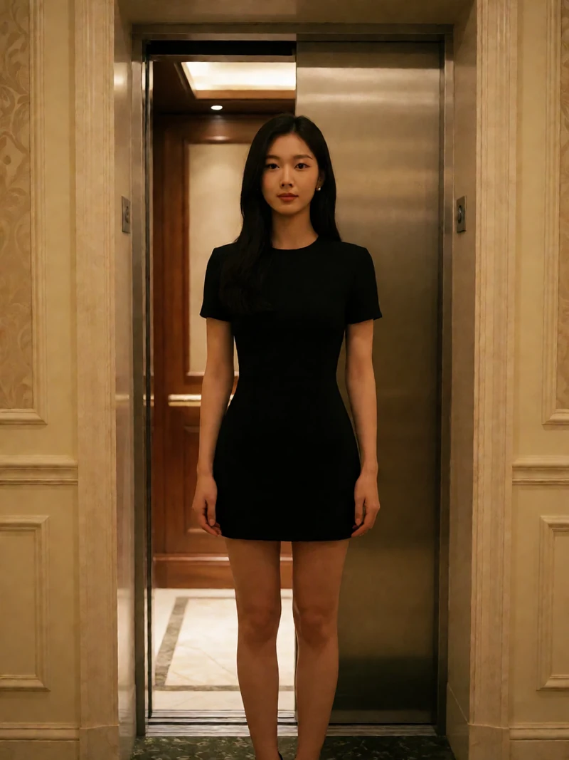 虚构成年女性穿黑色短裙站在酒店走廊电梯门前
