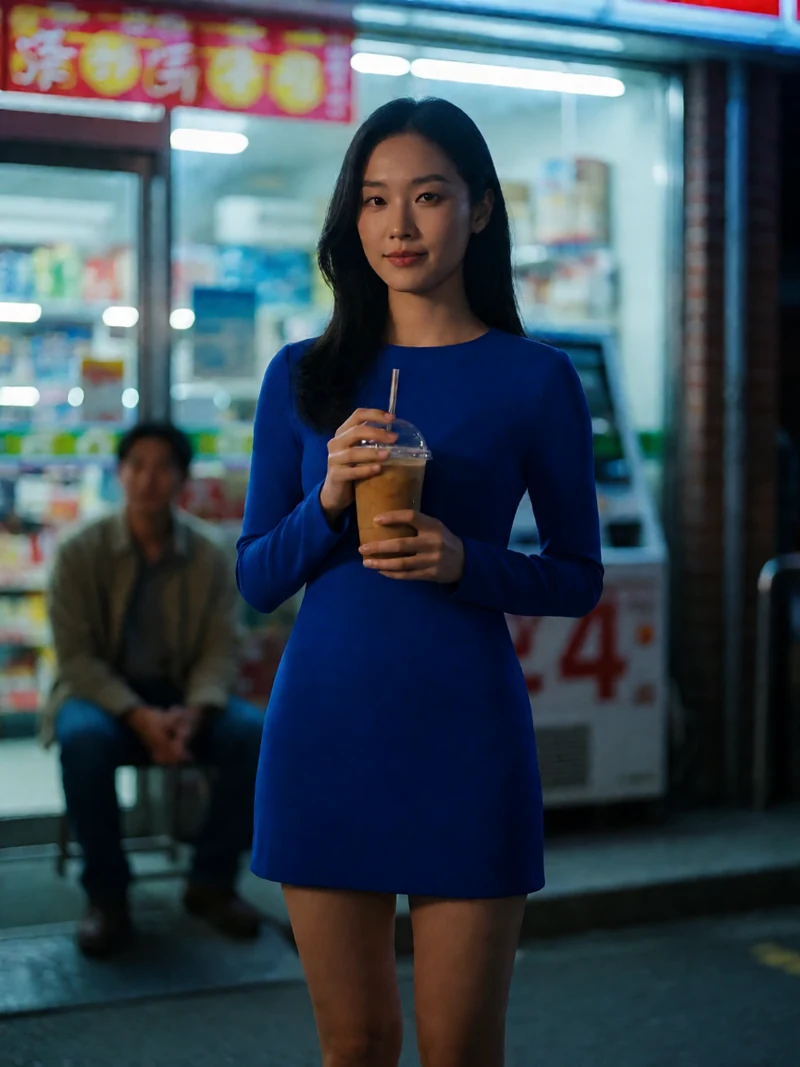 虚构成年女性穿蓝色短裙在午夜便利店外拿着热饮与成年同伴交谈