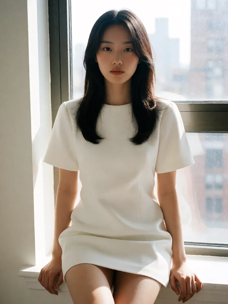 虚构成年女性穿白色女团风短裙坐在晨光窗边